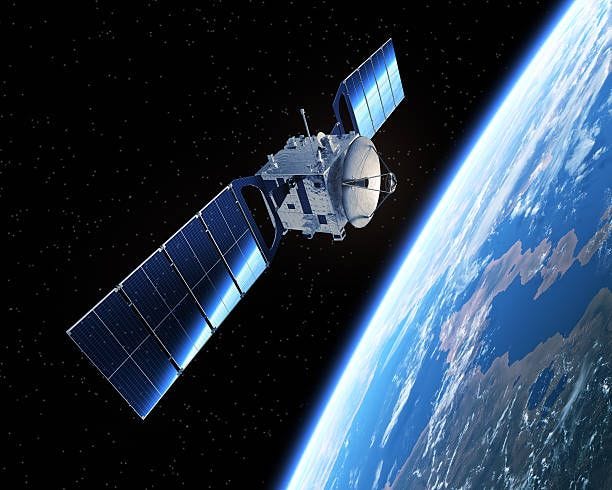 Satellite In Space Satellite In Space. 3D Scene. satellite in space stock pictures, royalty-free photos & images
