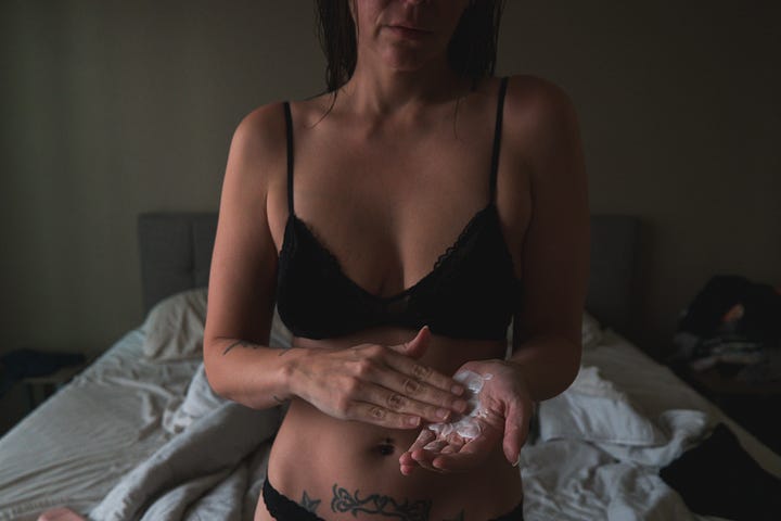 Photos of me applying lotion to my body while wearing black underwear in front of my bed.