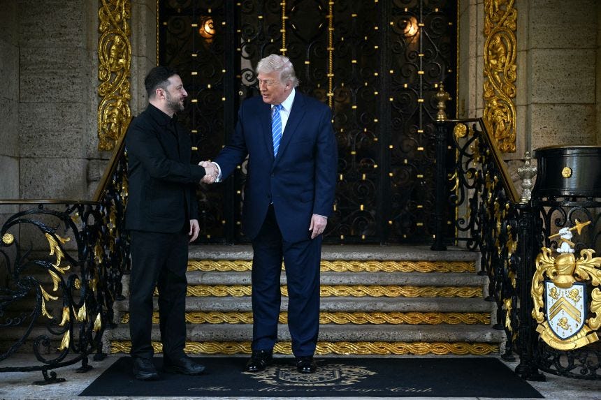 US President Donald Trump welcomes Ukranian President Volodymyr Zelensky at his Mar-a-Lago residence in Palm Beach, Florida, on December 28, 2025.