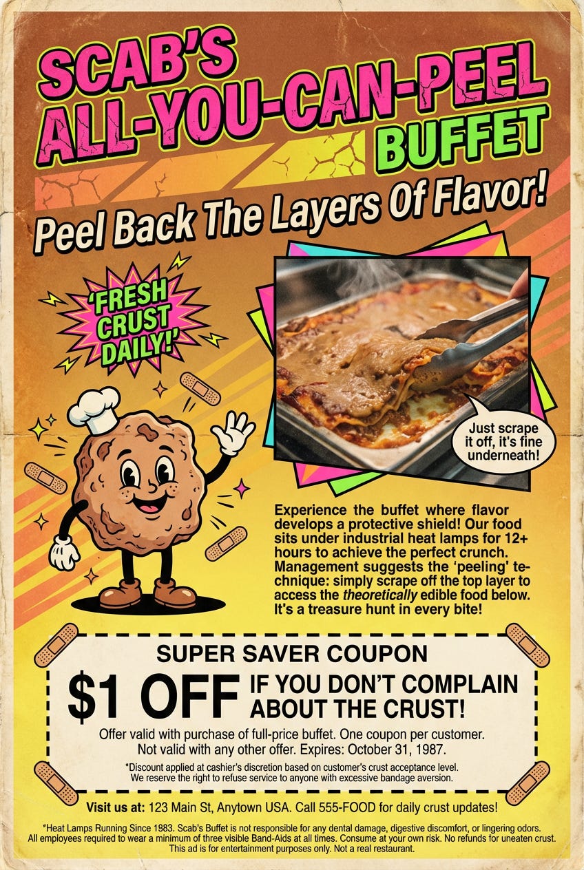 Create a detailed authentic-looking 1980s magazine print advertisement for a fake restaurant called Scabs All-You-Can-Peel BuffetVISUAL STYLE Classic 80s magazine ad aesthetic with bright colors geometric shapes bold typography and retro des_image_1