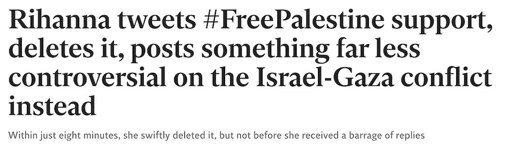 Rihanna tweets #FreePalestine support, deletes it, posts something far less controversial on the Israel-Gaza conflict instead Within just eight minutes, she swiftly deleted it, but not before she received a barrage of replies