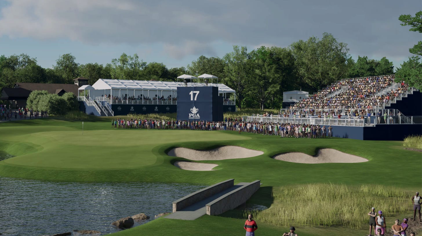 PGA Tour 2K25 golf video game showing a tee shot, fairway and course hazards