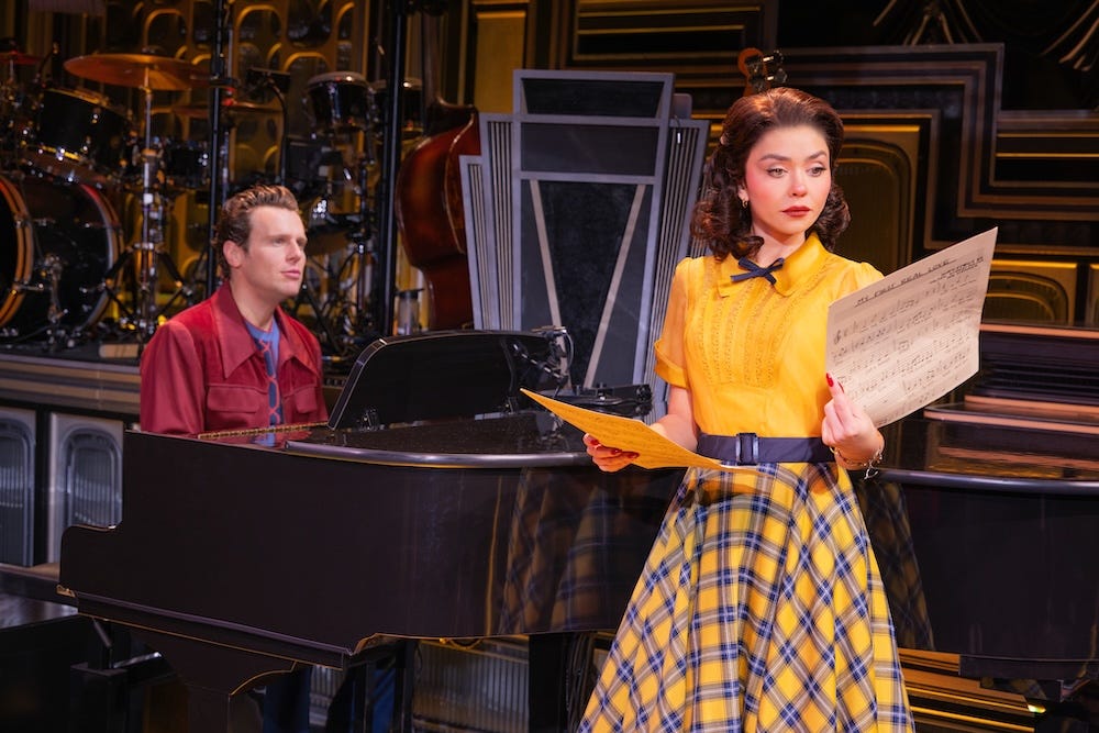 Jonathan Groff sits at the piano as Bobby Darrin while Sarah Hyland peruses sheet music as Connie Francis Jonathan Groff sits at the piano as Bobby Darrin while Sarah Hyland peruses sheet music as Connie Francis