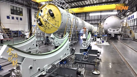 Kinetica-2's first-stage, second-stage, and fairing being prepared for the rocket debut flight and ahead of being sent to the launch site.