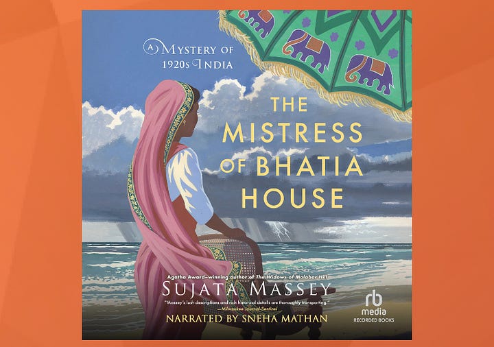 In one photo, we see in the foreground a stack of three books, On Community, Many Rivers to Cross, and I Hope This Finds You Well. In the other photo, we see the cover image of the audiobook The Mistress of Bhatia House, where an illustration shows a woman with a long, pink headscarf looking out to the water.