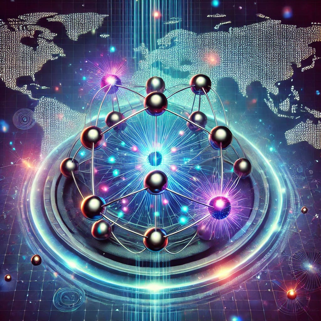 A futuristic illustration representing a quantum internet stabilized by magnetic fields. Show interconnected nodes or particles glowing with entangled states, with magnetic field lines forming a protective network around them. The background includes a digital web connecting global locations, symbolizing instantaneous, secure data transfer. Use deep blues, purples, and accents of neon green to give it a high-tech, visionary look. The style should feel advanced and scientific, inviting viewers to imagine a secure, global network enabled by magnetism. A futuristic illustration representing a quantum internet stabilized by magnetic fields. Show interconnected nodes or particles glowing with entangled states, with magnetic field lines forming a protective network around them. The background includes a digital web connecting global locations, symbolizing instantaneous, secure data transfer. Use deep blues, purples, and accents of neon green to give it a high-tech, visionary look. The style should feel advanced and scientific, inviting viewers to imagine a secure, global network enabled by magnetism.