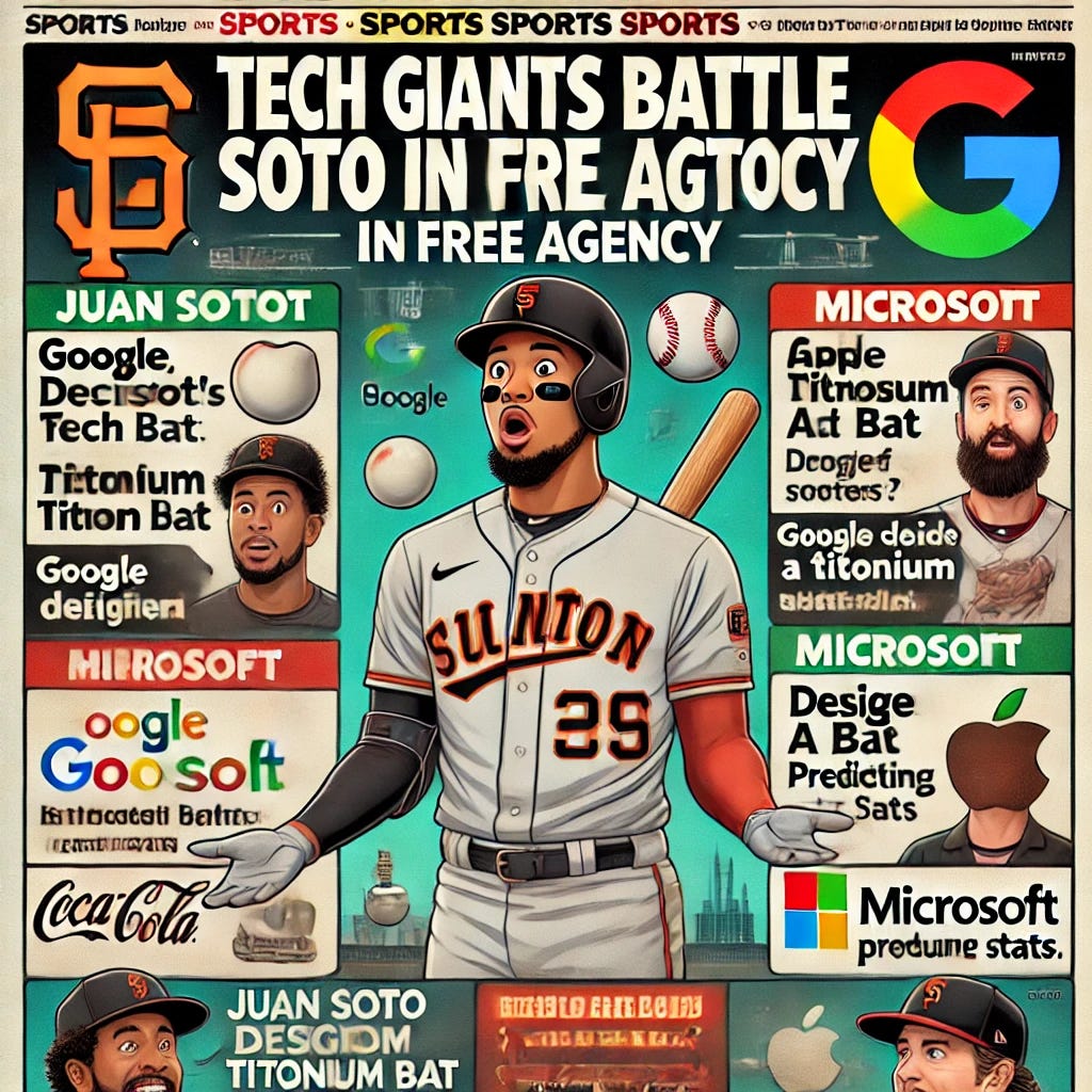 A satirical sports newspaper article about Juan Soto's free agency, featuring headlines like 'Tech Giants Battle for Soto in Free Agency' and humorous subheadings detailing Google, Microsoft, and Apple's extravagant offers. The layout includes a picture of Juan Soto looking surprised, flanked by the logos of the tech giants. The article should include playful references, like Apple designing a titanium bat and Microsoft’s AI predicting Soto's future stats. The background shows a blend of a baseball stadium and a futuristic tech landscape, symbolizing the crossover between baseball and Silicon Valley.