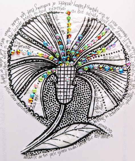 Three images of doodles and collages from my notebook with watercolour pencils and ink