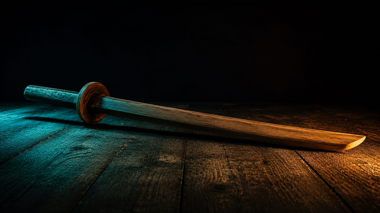 bokken sword on aged table surrounded by teal light and amber glow