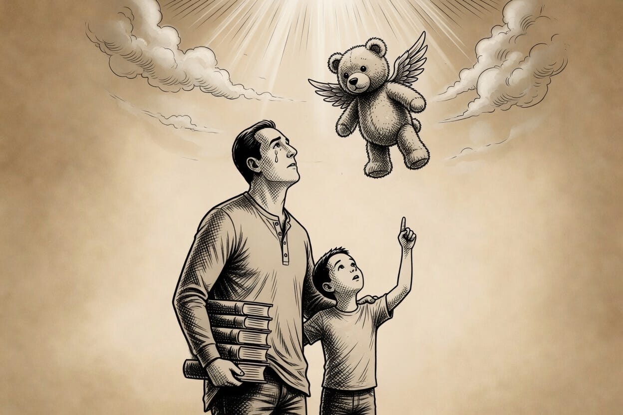 A child and father watch a stuffy ascend to heaven A child and father watch a stuffy ascend to heaven