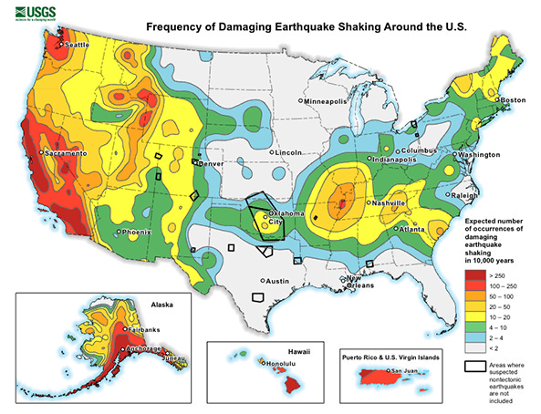 Image: This U.S. map shows how often scientists expect damaging earthquake shaking to occur (USGS, Public Domain). Image: This U.S. map shows how often scientists expect damaging earthquake shaking to occur (USGS, Public Domain).