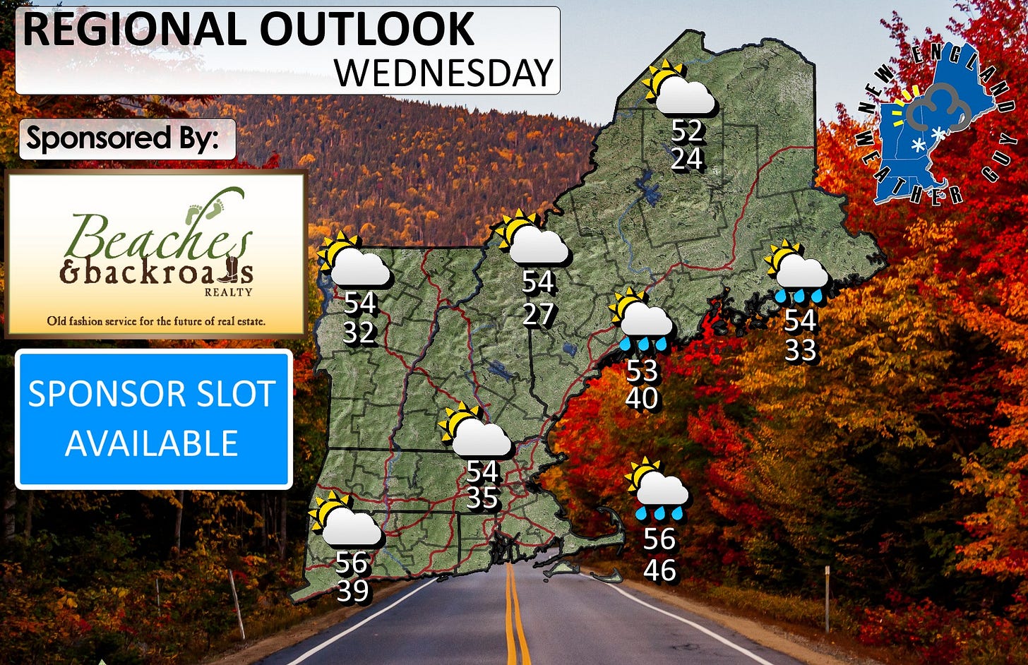 May be an image of map, road and text that says 'REGIONAL OUTLOOK WEDNESDAY Sponsored By: Beaches &backroas S REALTY 52 24 Old fashion service h the future of real estate. 54 32 54 27 SPONSOR SLOT AVAILABLE 54 33 53 40 5A 54 35 56 39 39 56 46 강가볶이'