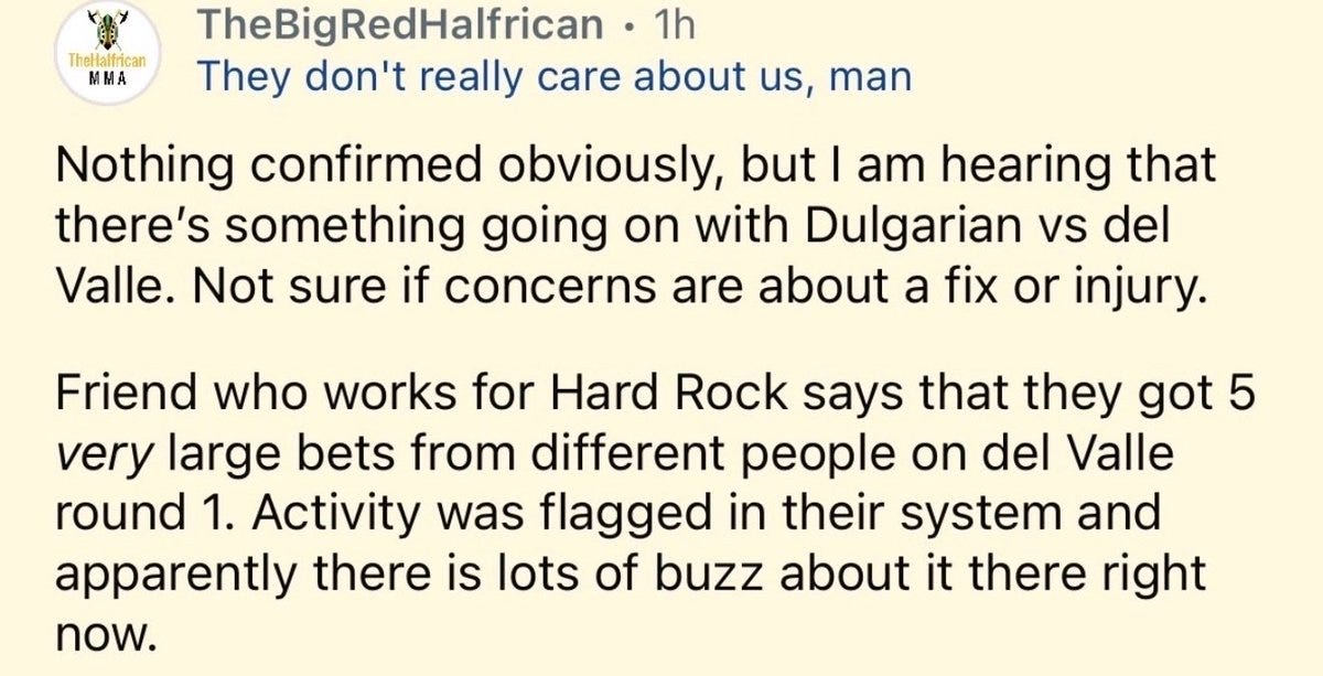 Screenshot of a Twitter post by TheBigRedHalfican showing text about rumors of unusual activity in the Bulgarian vs del Valle fight including large bets on del Valle flagged by Hard Rock system possibly indicating a fix or injury with buzz around it.