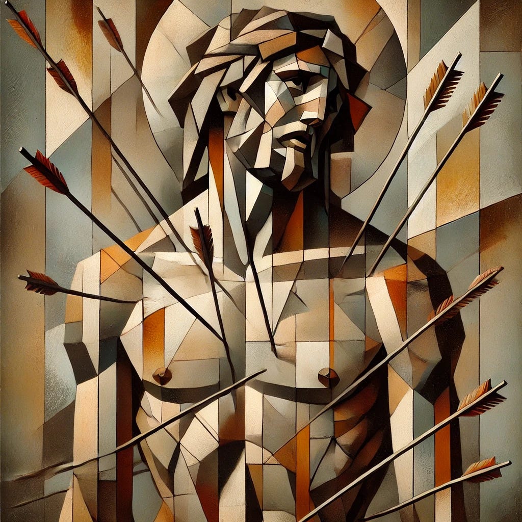 A Cubist-style painting of Saint Sebastian, characterized by fragmented and abstract geometric shapes. The figure of Saint Sebastian is depicted with arrows piercing his body, symbolizing his martyrdom, but in a stylized, non-gruesome manner. The composition features bold, angular lines and overlapping planes, with muted yet expressive colors like earthy browns, soft grays, and hints of vibrant hues. The background is abstract, emphasizing depth and movement, reflecting the Cubist aesthetic. The focus is on form and structure, conveying both the physical and spiritual resilience of Saint Sebastian.