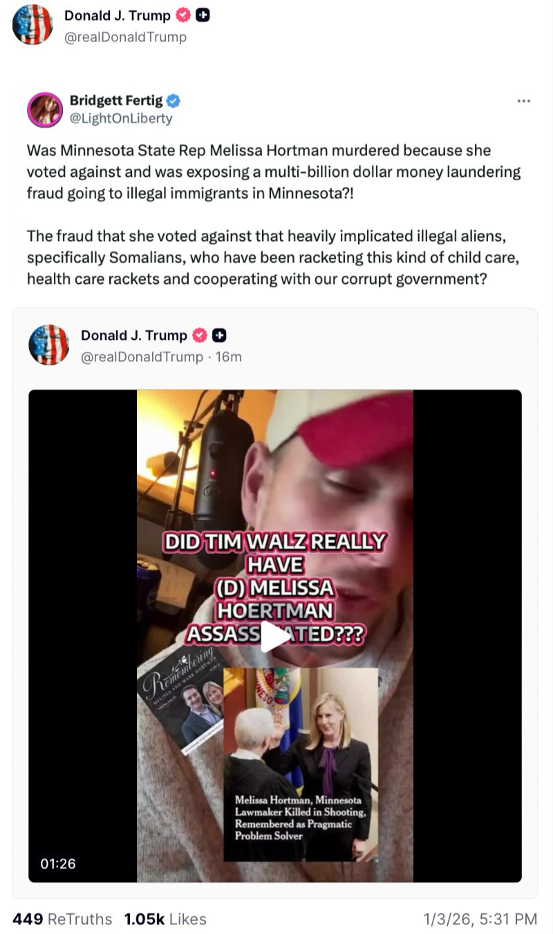 Was Minnesota State Rep Melissa Hortman murdered because she voted against and was exposing a multi-billion dollar money laundering fraud going to illegal immigrants in Minnesota?! The fraud that she voted against that heavily implicated illegal aliens, specifically Somalians, who have been racketing this kind of child care, health care rackets and cooperating with our corrupt government? Was Minnesota State Rep Melissa Hortman murdered because she voted against and was exposing a multi-billion dollar money laundering fraud going to illegal immigrants in Minnesota?! The fraud that she voted against that heavily implicated illegal aliens, specifically Somalians, who have been racketing this kind of child care, health care rackets and cooperating with our corrupt government?