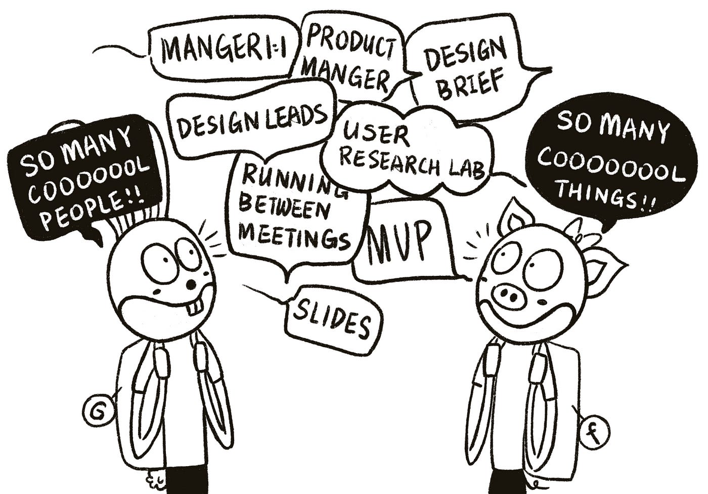 An illustration of a rabbit and a pig, who are excited and admiring the many new things around them. e.g. MVP, Slides, User research lab etc.
