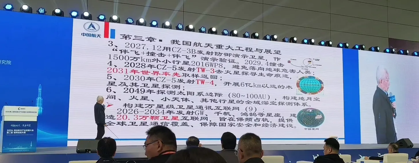 Una diapositiva presentata da Long Lehao a marzo 2026 che descrive in dettaglio il lancio di dicembre 2027 e il nuovo asteroide target della prima missione di test di deflessione degli asteroidi della Cina.