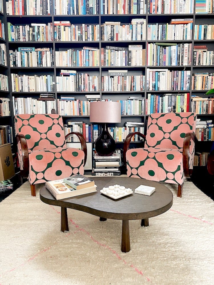 mid century modern chairs upholstered in Orla Keily Jade Spot fabric in the library of Madaboutthehouse.com mid century modern chairs upholstered in Orla Keily Jade Spot fabric in the library of Madaboutthehouse.com