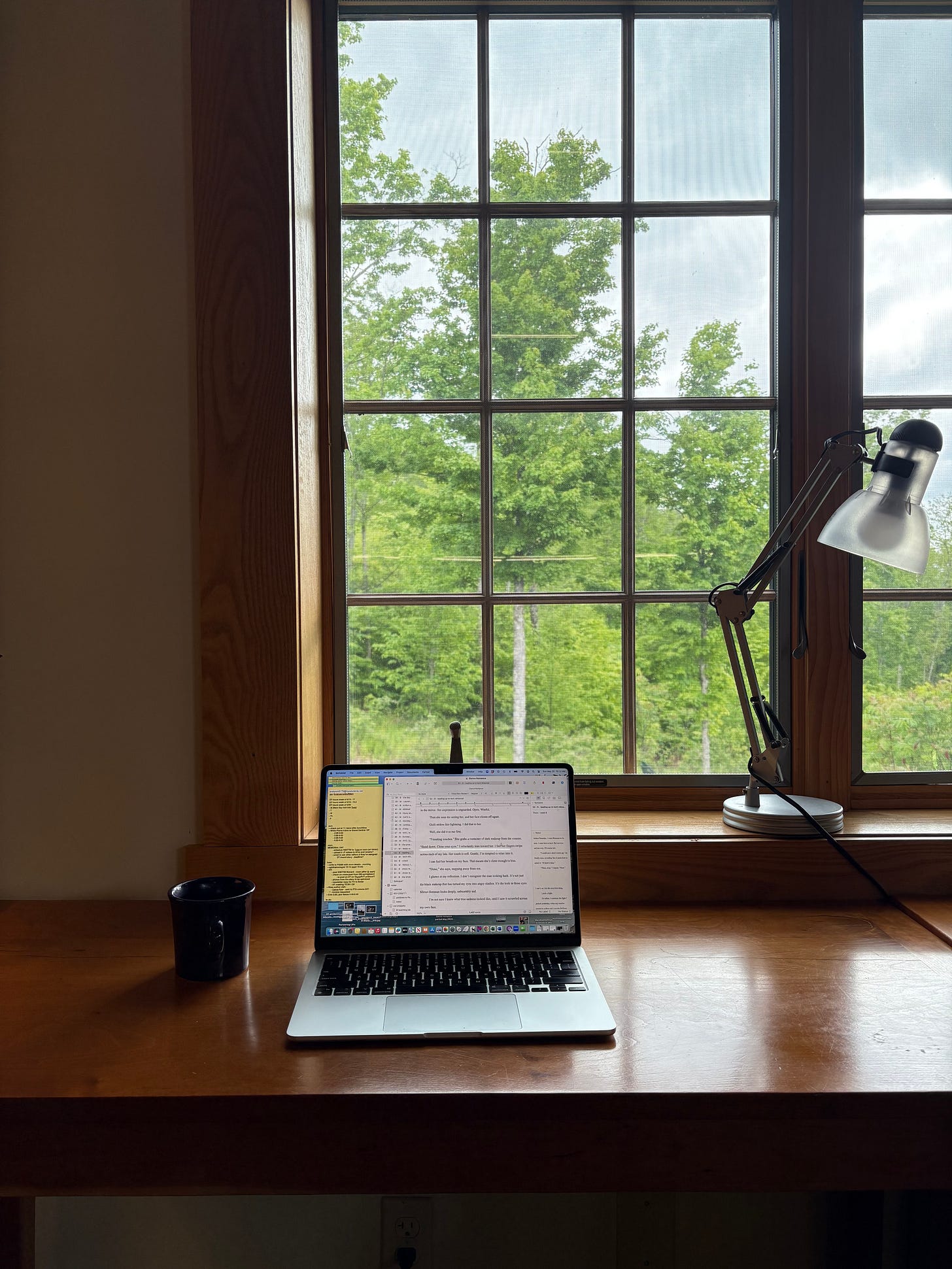 An open laptop on a wooden desk in front of a window. The view shows lush green trees and a blue-gray sky.