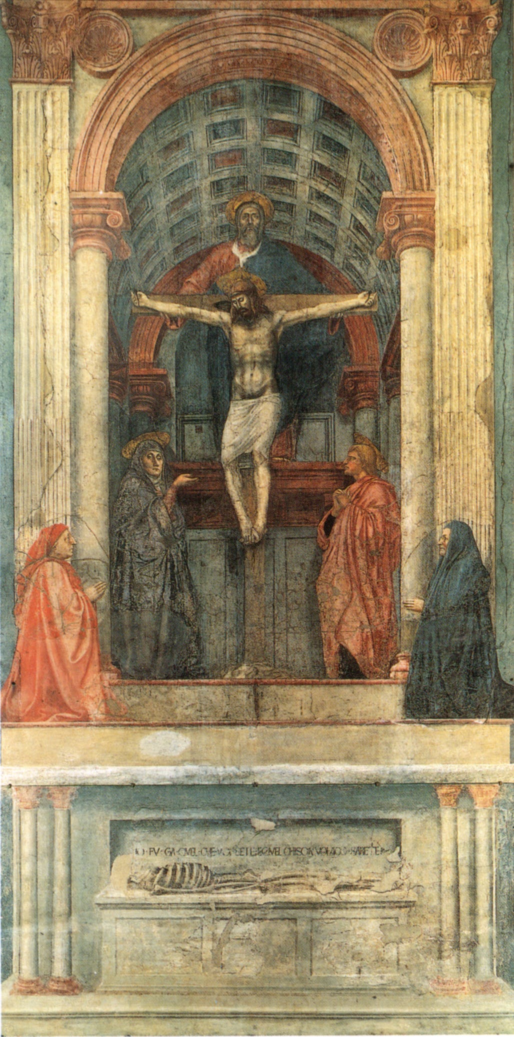 A painted chapel with holy figures and a tomb below A painted chapel with holy figures and a tomb below