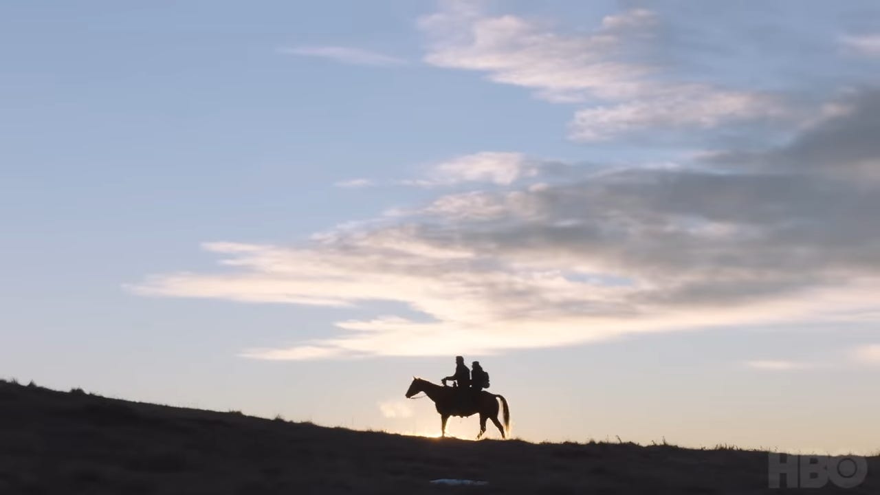 The Last of Us HBO TV series, Ellie and Joel on a horse The Last of Us HBO TV series, Ellie and Joel on a horse