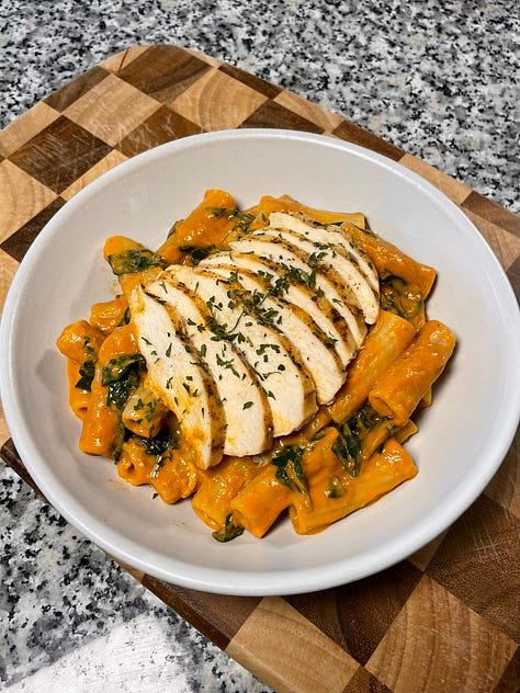 dak bulgogi, dolsot bibimbap, Sichuan spicy cold noodles w/ shredded chicken, miso chicken & mushroom rice, dairy-free creamy roasted red pepper rigatoni w/ baked chicken breast, roasted red pepper & spinach egg bites