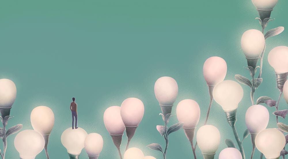 Illustration of making a plan — a man standing calmly on a stack of lightbulbs as he forms a plan for what next step to take. Illustration of making a plan — a man standing calmly on a stack of lightbulbs as he forms a plan for what next step to take.