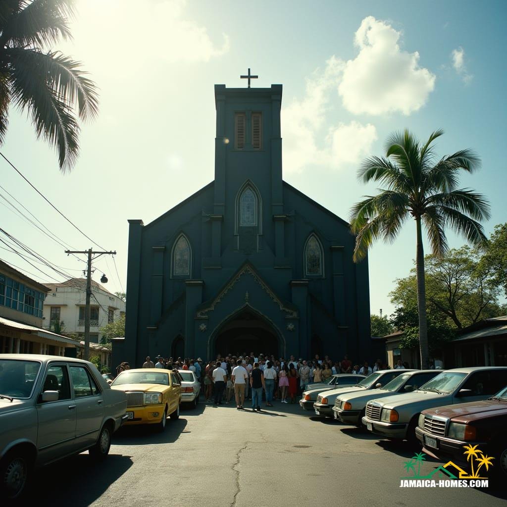 An all-black, modern gothic church with protruding square features, situated in Kingston, Jamaica. Sunlight shines brightly, illuminating palm trees and the surrounding cityscape. Numerous cars are parked outside, and a diverse crowd of beautiful-looking Jamaicans and white people are entering the church. The scene is captured in a cinematic film still, shot on a v-raptor XL with subtle film grain and vignette. The image is color-graded and post-processed with dramatic, cinematic lighting, evoking a masterpiece quality on 35mm film.