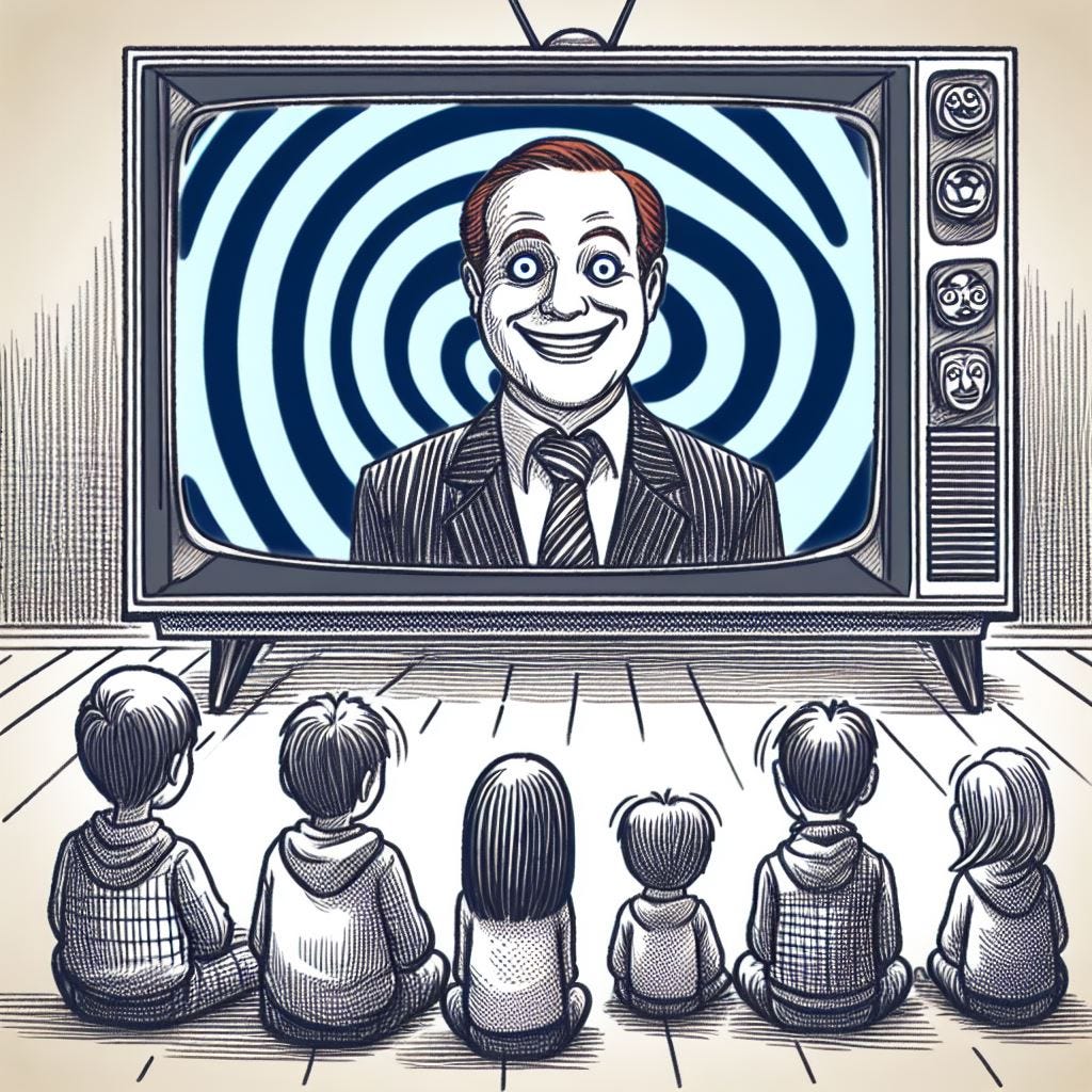 A youth culture, with values and beliefs brought to you by your favorite tell-lie-vision programming! Hypnotized children watch an evil clown on television. A youth culture, with values and beliefs brought to you by your favorite tell-lie-vision programming! Hypnotized children watch an evil clown on television.