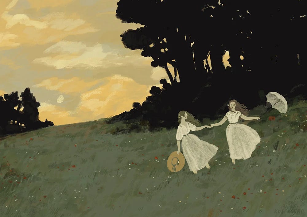 Artistic painting of two figures in white dresses dancing in a meadow at sunset, one holding a parasol.