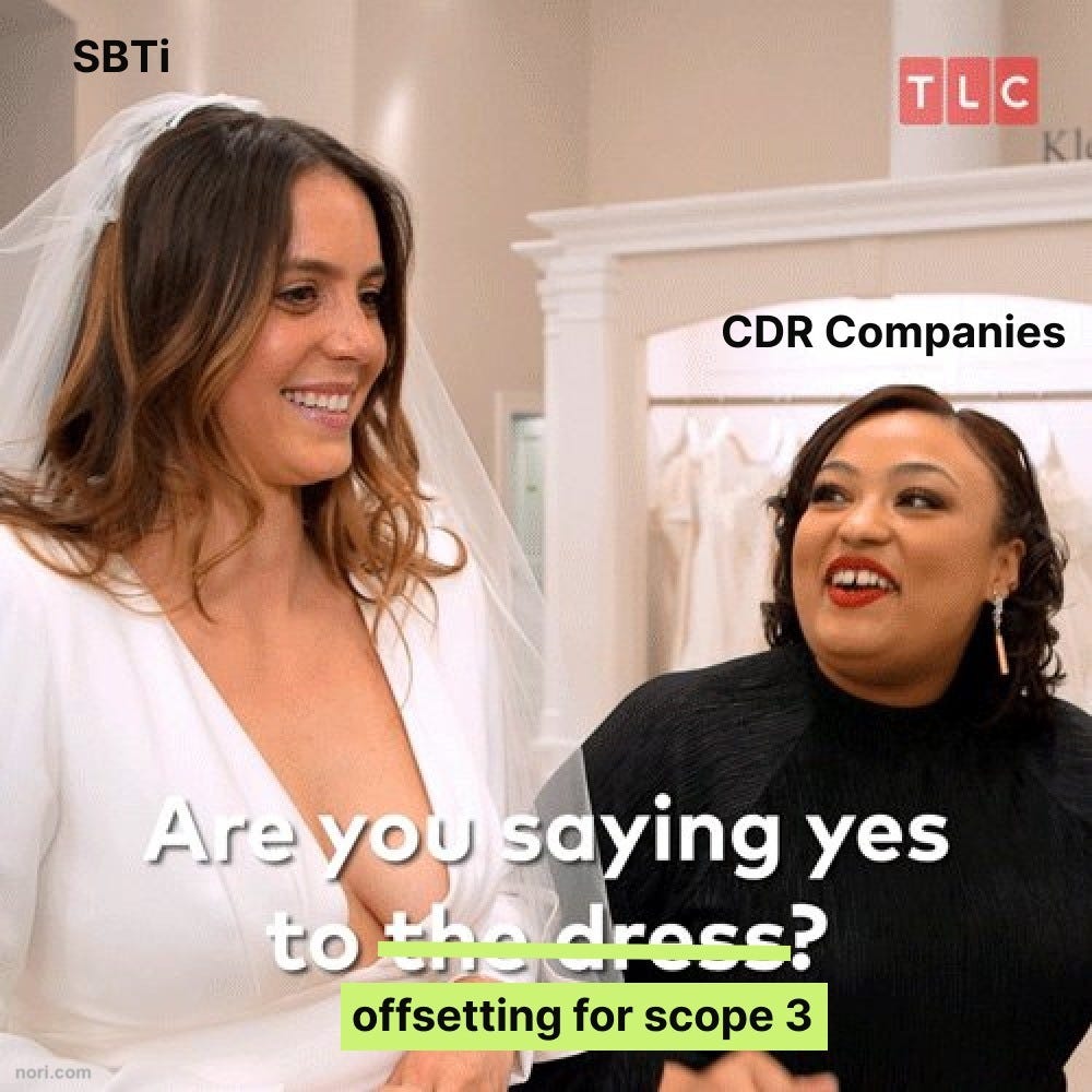 A still from Say Yes to the Dress. The bride is labelled "SBTi" and the consultant "CDR Companies"; the caption "Are you saying yes to the dress?" is edited to "offsetting for scope 3".