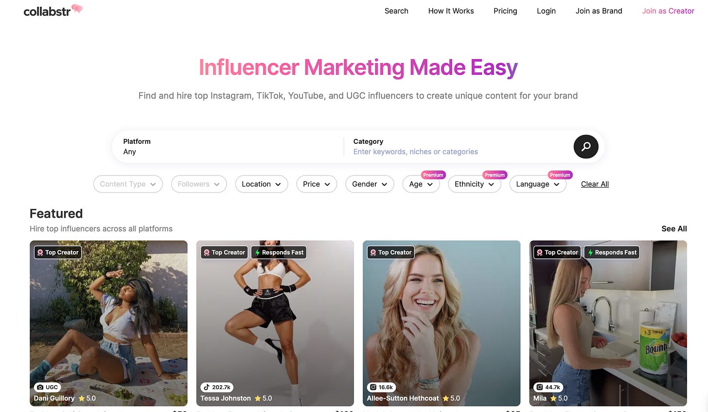 Screenshot of an influencer marketing directory where pet brands find and hire creators for paid deals Screenshot of an influencer marketing directory where pet brands find and hire creators for paid deals