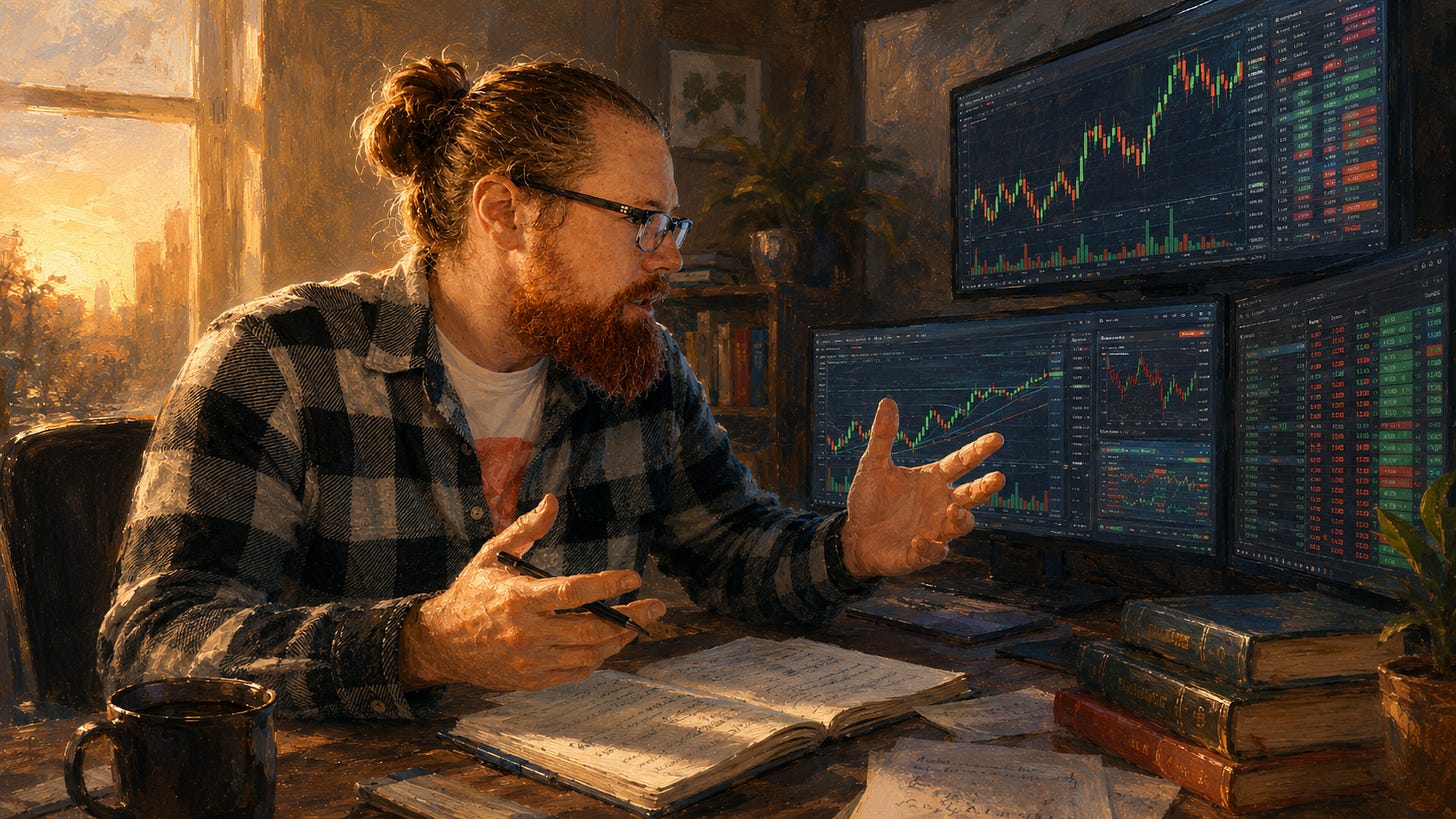 Painterly oil-style portrait: a red-bearded man with hair in a topknot, dark-framed glasses, and a black-and-grey buffalo-check flannel shirt sits at a desk gesturing animatedly. Three monitors display candlestick charts and market data. Books, notebook, coffee mug on the desk. Warm sunset light through a window behind him.
