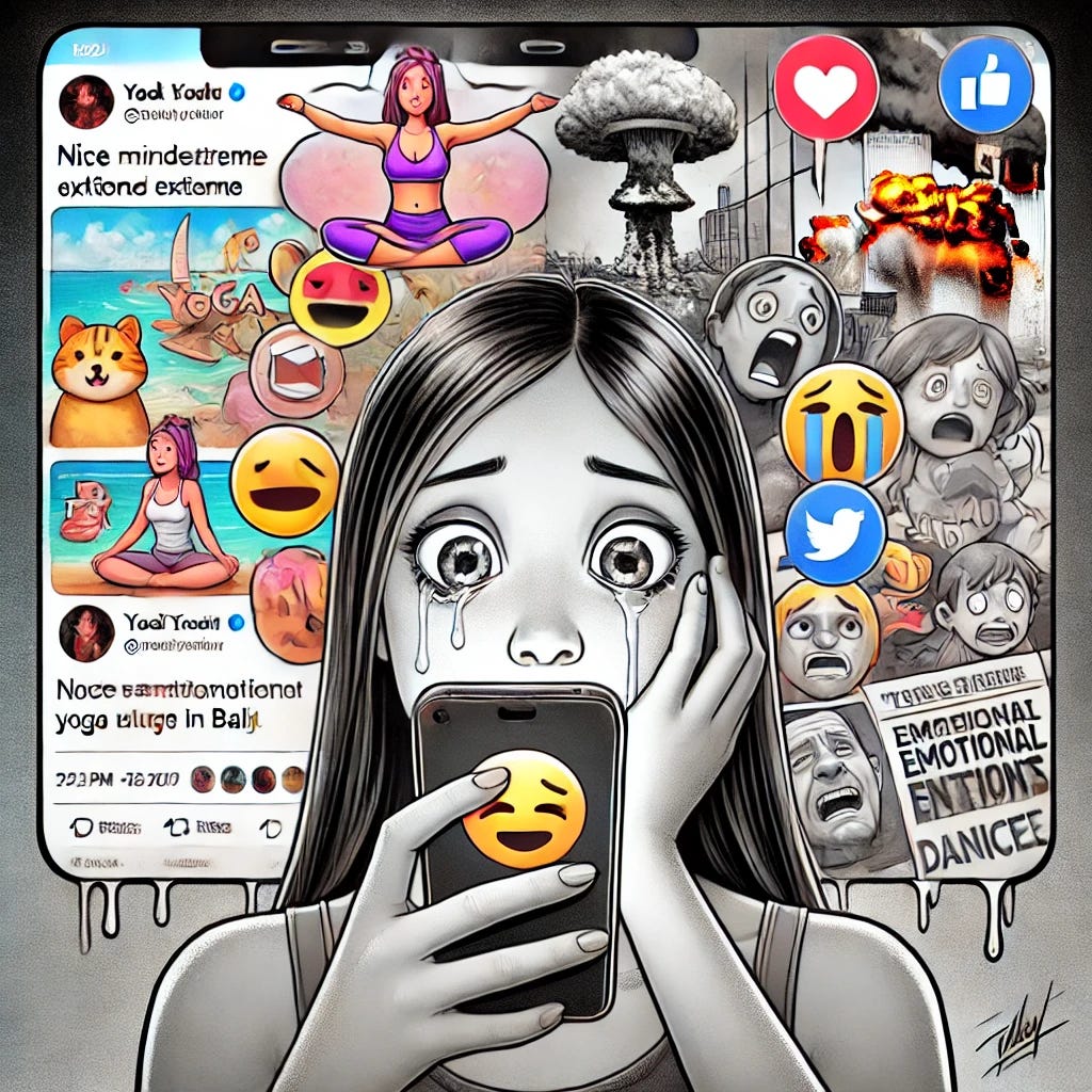 A cartoon-style digital illustration depicting a person mindlessly scrolling on their phone, their eyes glazed over, with an expression of emotional detachment. The phone screen is exaggeratedly large, showing an endless feed of extreme content—one side displays a cute cat, a yoga influencer in Bali, and a viral dance, while the other side shows a tragic news event, a burning building, and a crying child. Above the person's head, simplistic emoji-like thought bubbles appear: ‘Nice’ with a thumbs-up and ‘Sad’ with a single tear, reducing complex emotions to binary reactions. The background subtly blurs into black-and-white sketches, symbolizing the flattening of emotional depth. The overall color scheme is vibrant but slightly off-kilter, evoking overstimulation and emotional exhaustion. The style is satirical yet slightly dystopian, reflecting the numbing effect of rapid content consumption.