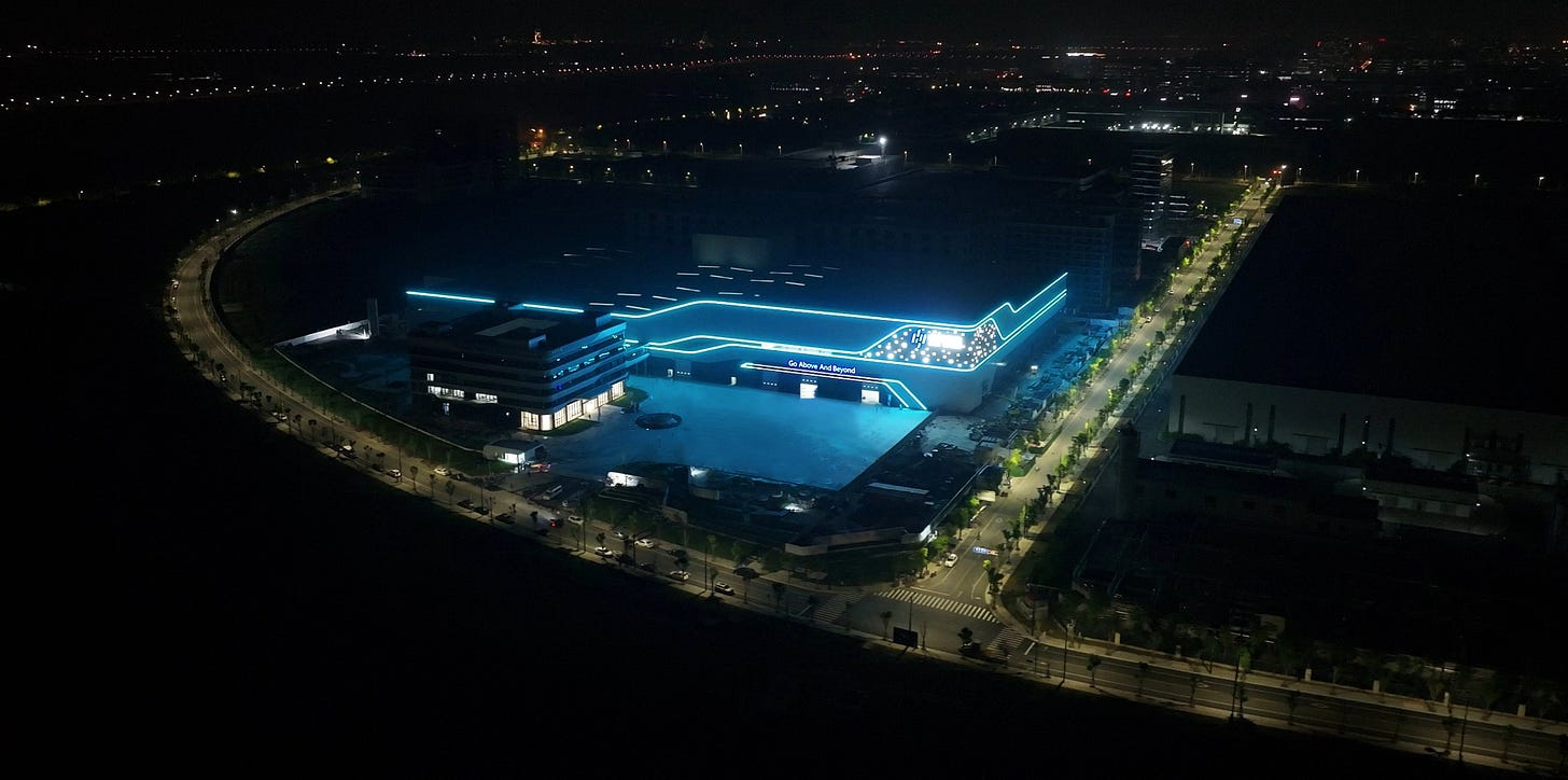 The Zhejiang ‘super factory’ as seen at night in Keqiao district in late April 2026. 