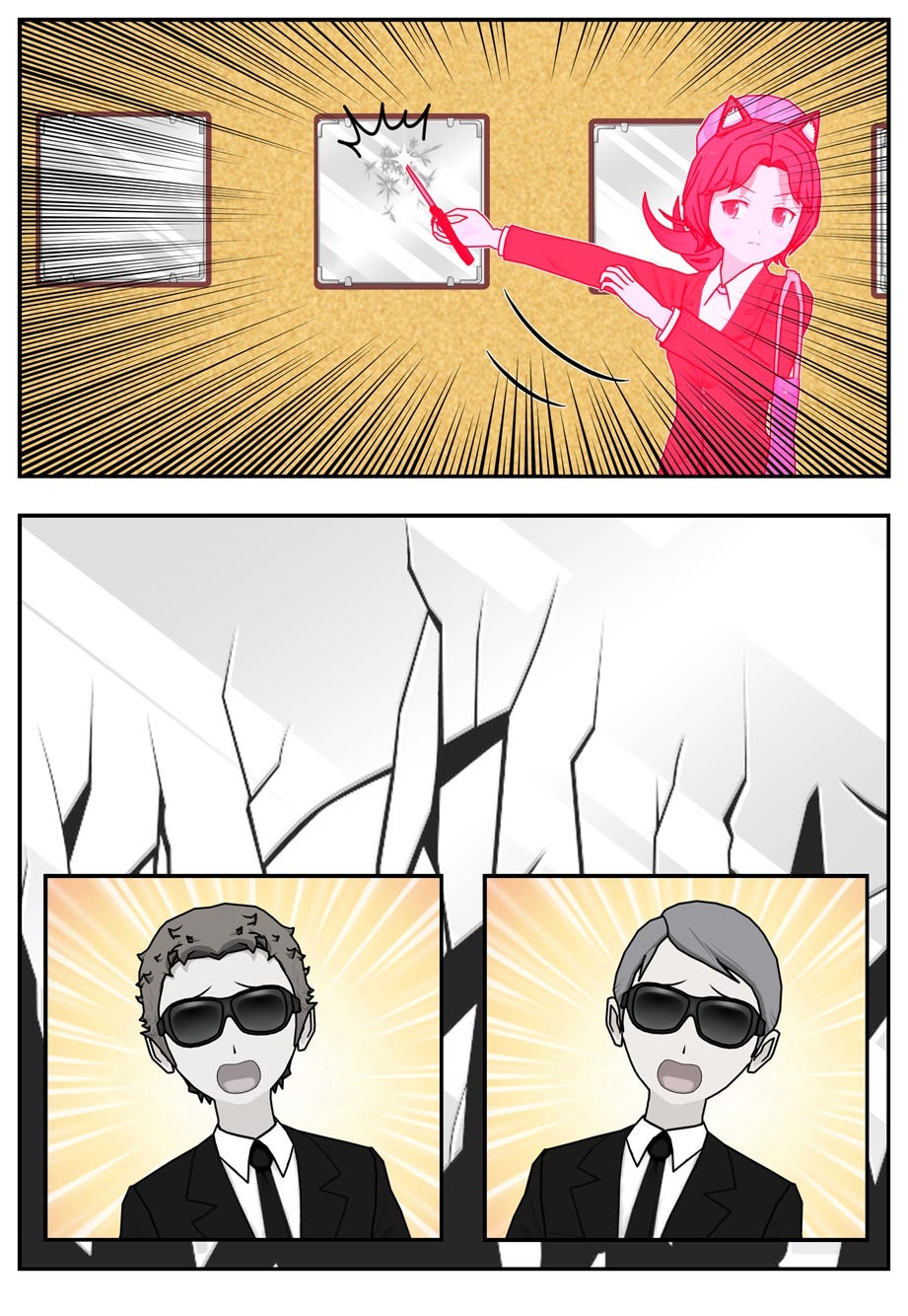 Rae uses her knife to shatter a window, to the guards' dismay.