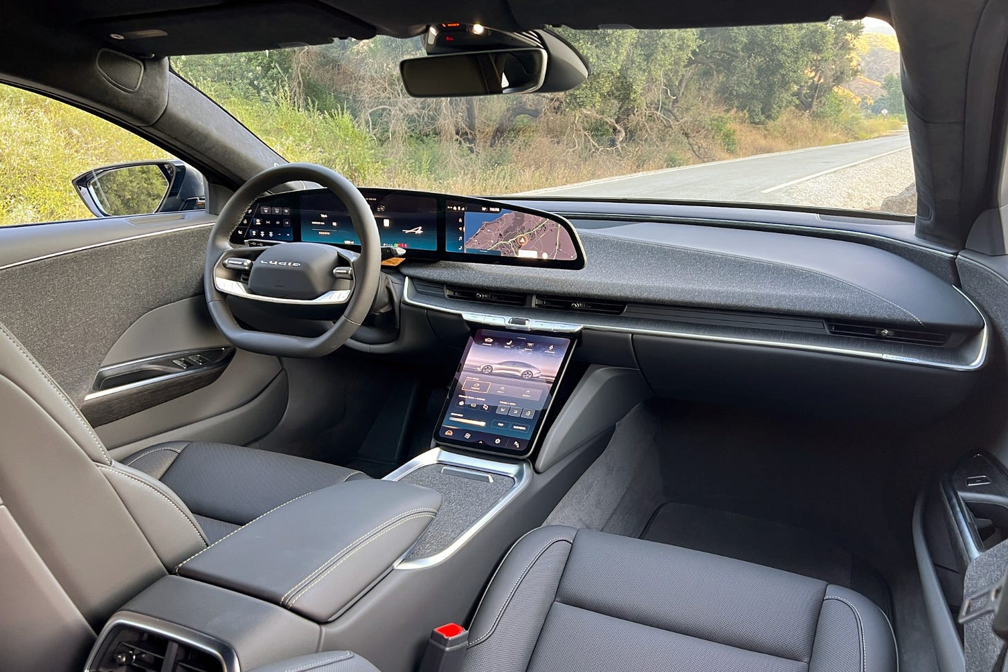 View of the 2023 Lucid Air sedan's interior showing the dashboard.