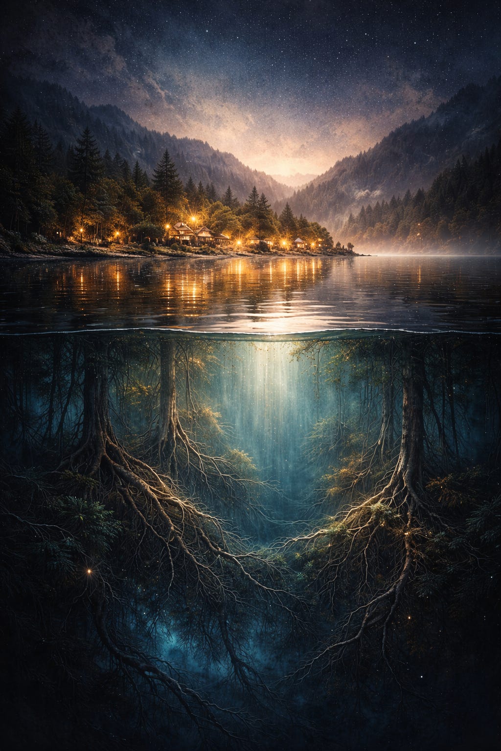 Split above-and-below-water artwork showing a calm lake and glowing shoreline on the surface, with a darker hidden world of roots and depth below, suggesting the difference between outward appearance and the deeper living structure beneath it.