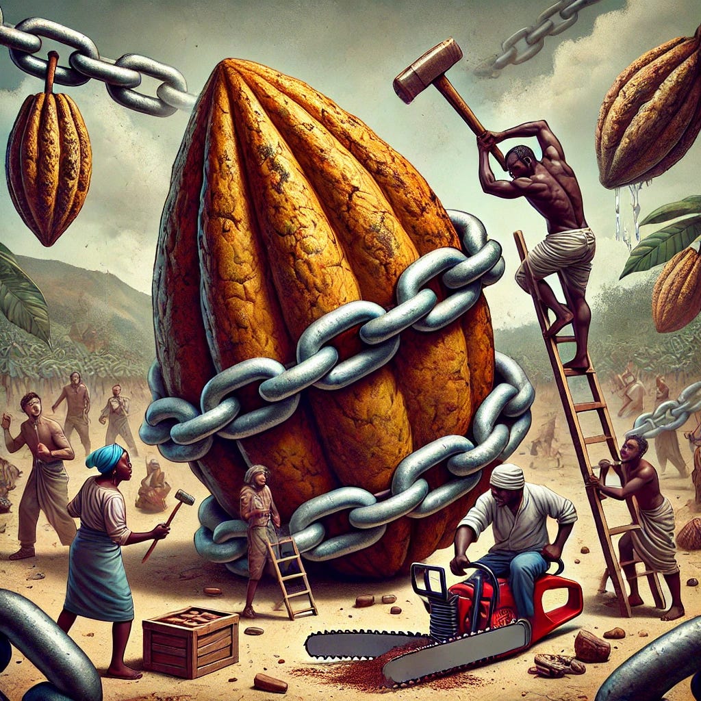 A powerful visual representation of the struggle in the cocoa industry: A massive cocoa pod wrapped in heavy, unbreakable chains, symbolizing systemic inequality. Around it, several people are pretending to crack the cocoa pod using small tools like hammers and stones, but the chains remain intact. In the foreground, a determined man is sweating profusely while using a chainsaw to cut through the chains, but the chains remain unbroken, emphasizing the difficulty of breaking the system. The background represents a struggling cocoa farming community, reinforcing the theme of economic suppression.