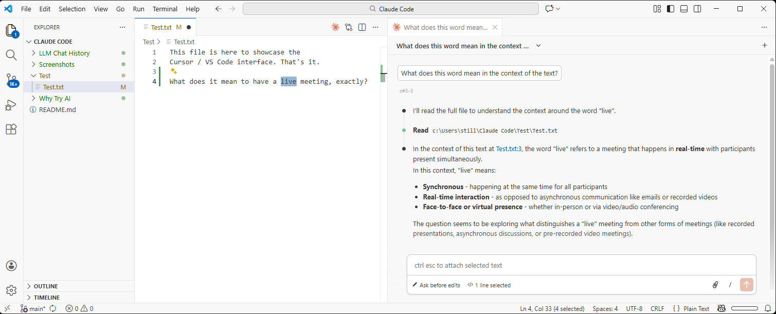 VS Code editor with a text file highlighting the word “live” and Claude Code chat explaining its meaning in context, demonstrating contextual code assistance with skills and MCPs