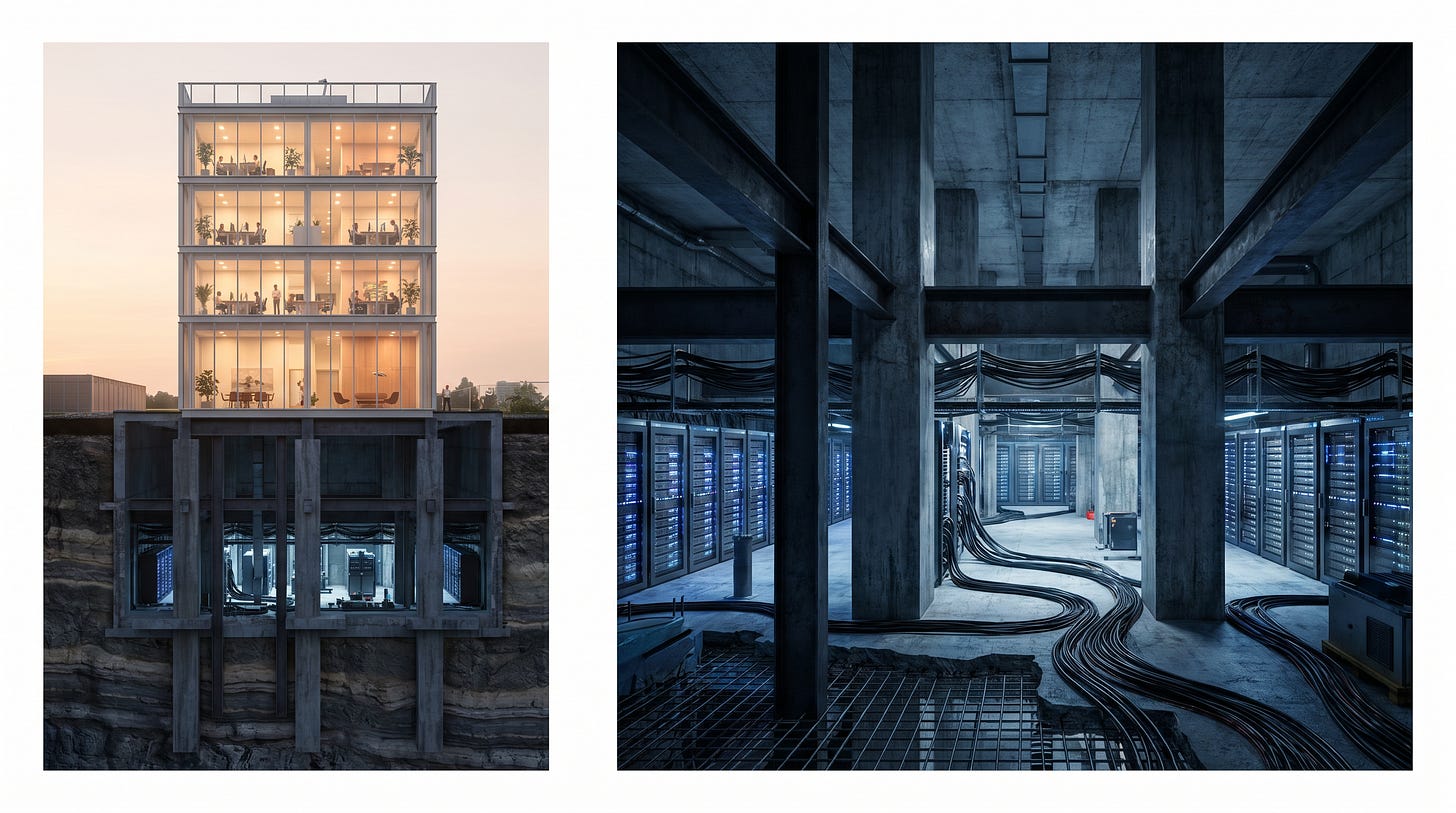 Doorsnede van een modern Rotterdams kantoor met een groot ondergronds fundament tegenover een klein zichtbaar topje