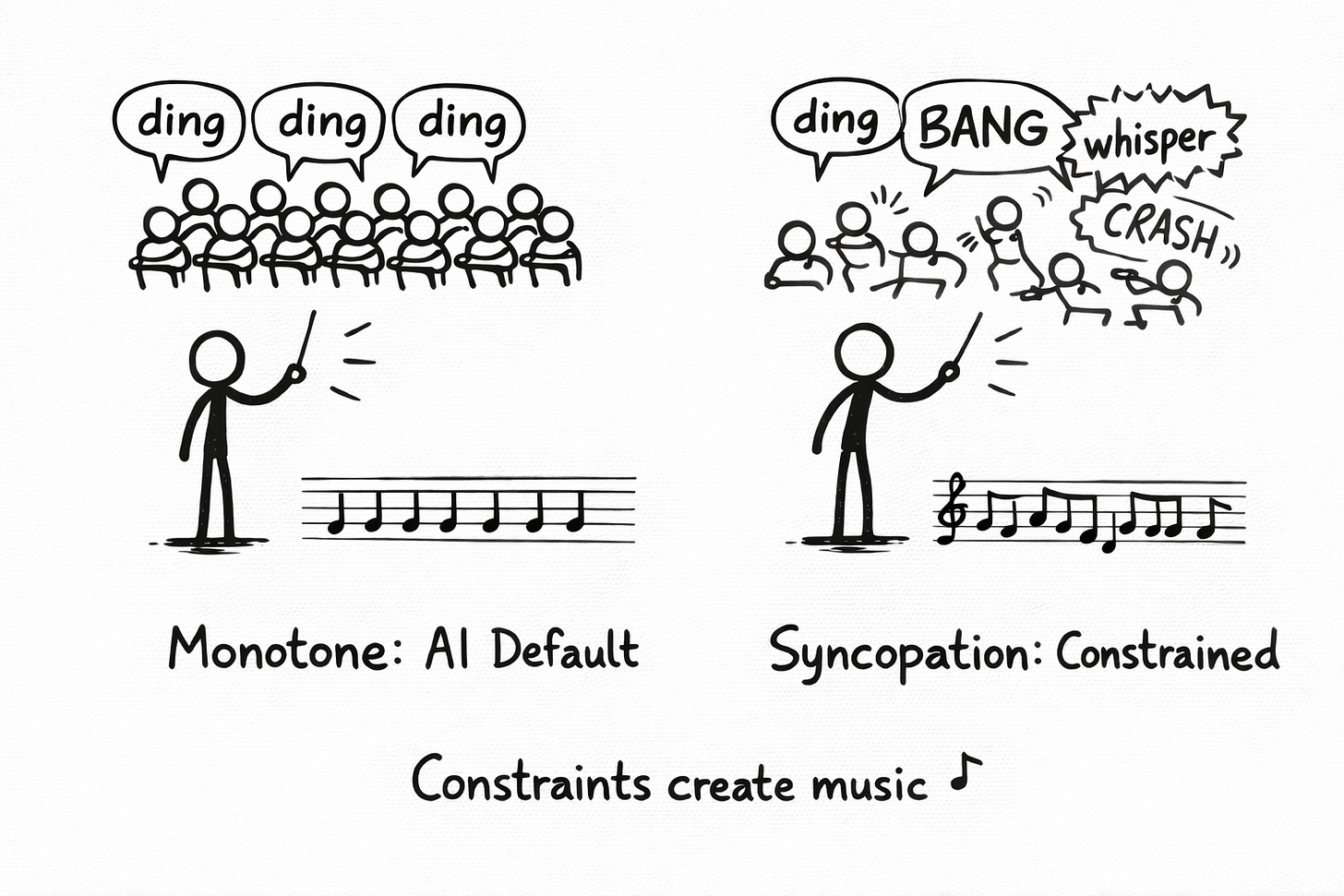 Black marker doodle split into two panels showing stick-figure conductors and musicians. Left side repeats identical “ding” speech bubbles and a simple repeated-note music staff, representing monotone AI output. Right side shows varied sound bubbles (“ding,” “BANG,” “whisper,” “CRASH”) and a more varied music staff, with caption “Constraints create music.” Illustrates how limitations create creative variation in AI writing.