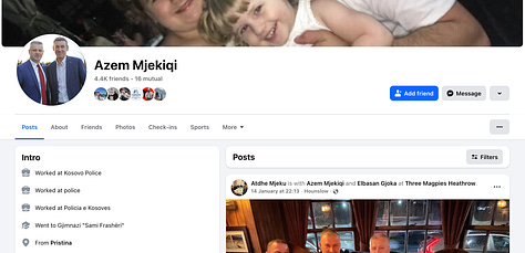 Evidence on Azem Mjekiqi's Links to Kadri Veseli. Screenshots captured on Feb 11, 2026.