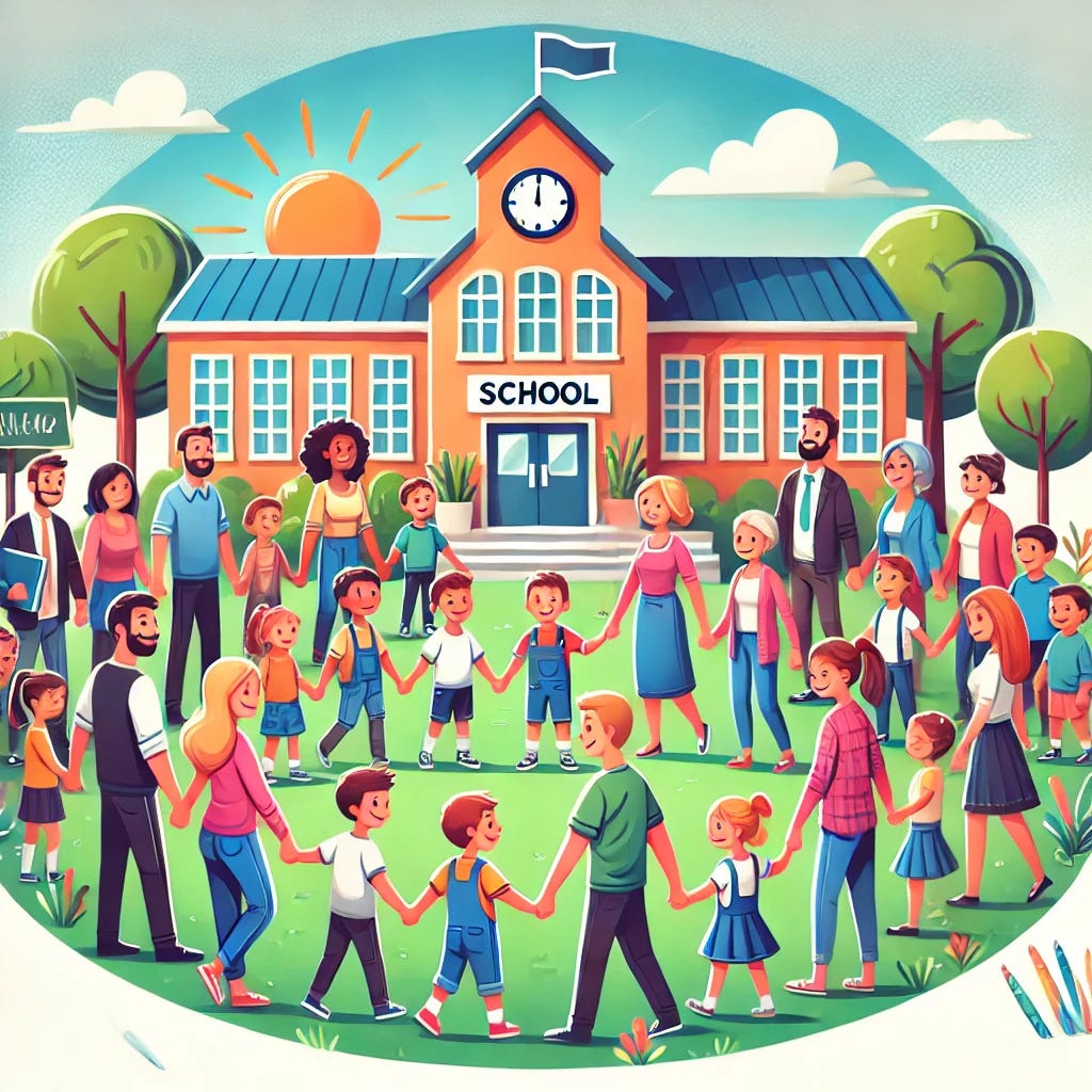 A cartoonish illustration depicting a strong relationship between families and schools. Show a friendly school building with large windows, surrounded by children and adults holding hands in a circle. The adults include diverse family members like parents, grandparents, and guardians, while the children look happy and engaged. Some family members hold school-related items like books or art supplies, symbolizing support for learning. In the background, there are trees and a bright, sunny sky to add warmth to the scene. The style is colorful, friendly, and inviting.