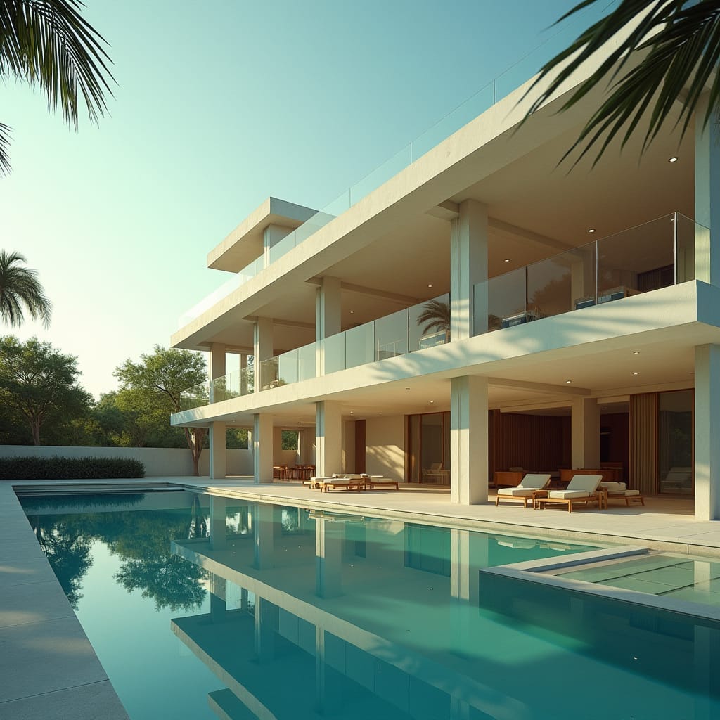 Majestic 6-story modern house with a dramatic Parapet gable roof, elevated on slender columns, with a sparkling swimming pool shimmering beneath the structure, as if floating on water. Majestic 6-story modern house with a dramatic Parapet gable roof, elevated on slender columns, with a sparkling swimming pool shimmering beneath the structure, as if floating on water.