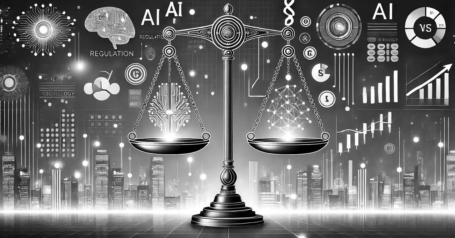 A sleek and modern horizontal illustration depicting the intersection of AI regulation and investment opportunities for retail investors. The image includes a stylized balance scale symbolizing regulation, with one side showing futuristic AI technology icons (like neural networks and data) and the other side featuring financial symbols like graphs, stock charts, and coins. The background suggests a futuristic theme with a city skyline, digital data streams, and glowing accents, all in clean and professional tones.