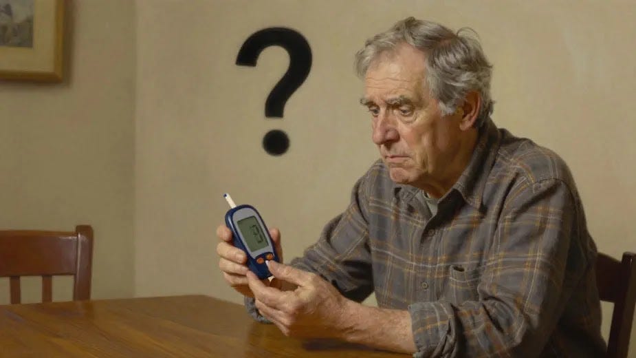 An older man sitting at a table, holding a blood sugar meter looking confused above is head is a floating question mark.
