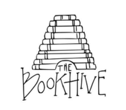 Three images. The first is myself in a yellow knit hat in a forest facing down toward the camera with trees and sunlight on Walden Pond. The middle image is The Bookhive logo, which is a stack of books in the shape of a hive with the words underneath. The third image is looking down towards my green shoes with a white book painted on a paved walkway.