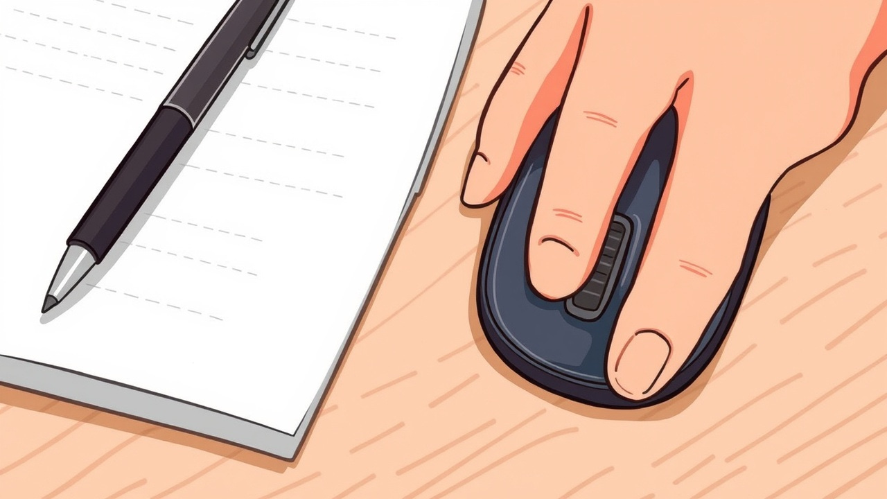 A close-up of a hand clicking on a mouse next to a notebook and pen. A close-up of a hand clicking on a mouse next to a notebook and pen.