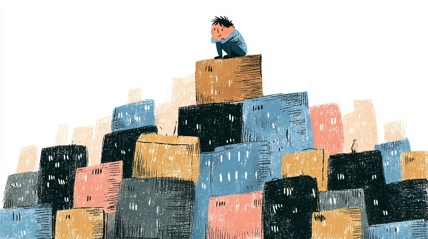 Illustration of a person sitting pensively on top of a tall pile of stacked, colourful boxes.